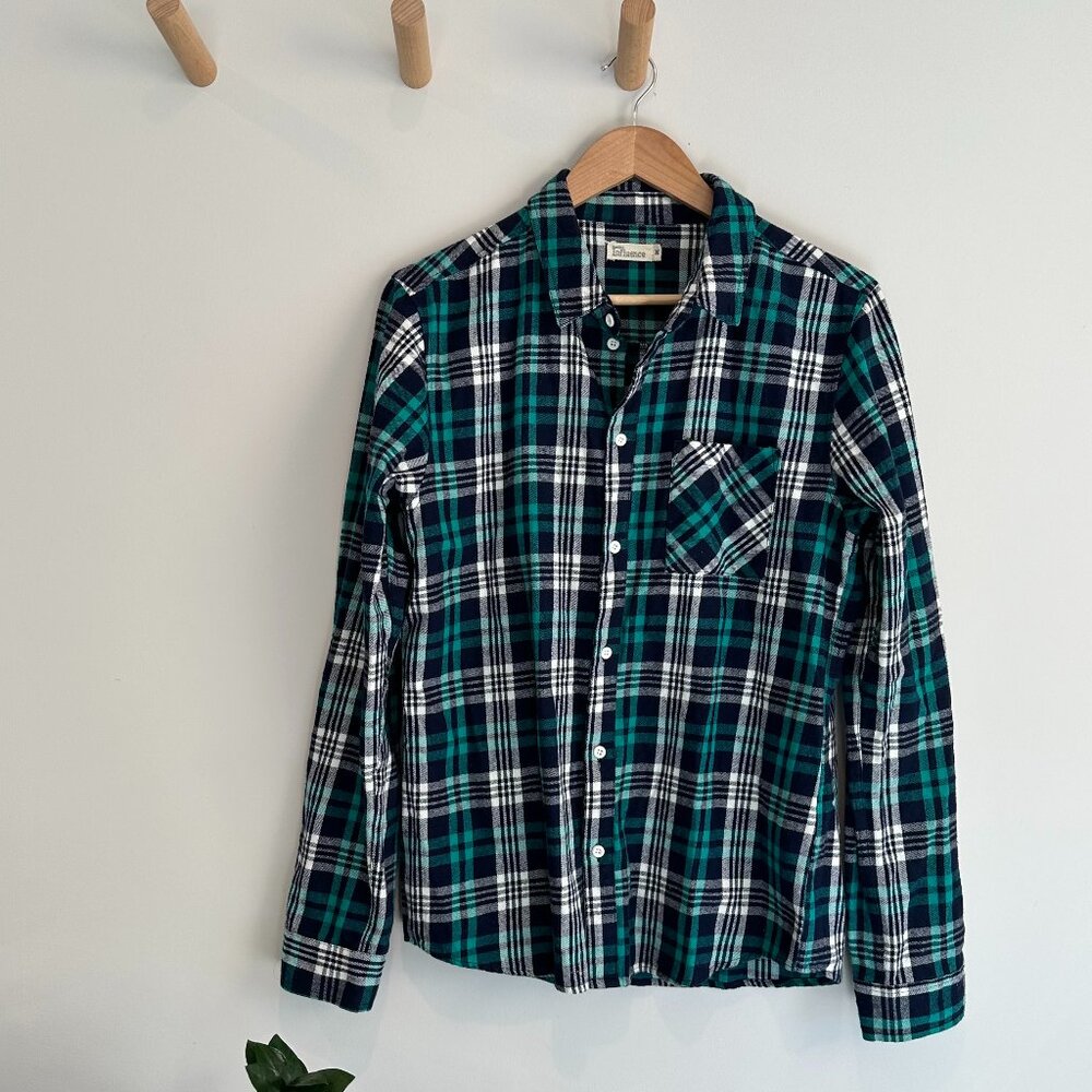Another Influence Men's Teal Plaid Button Up Cotton Shirt, Size M